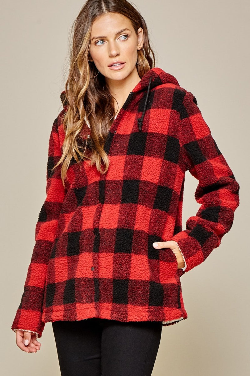 High-Low Cozy Sherpa Jacket - Buffalo Plaid