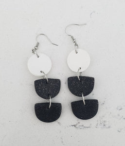 Clay Earrings - Black Sparkle & White