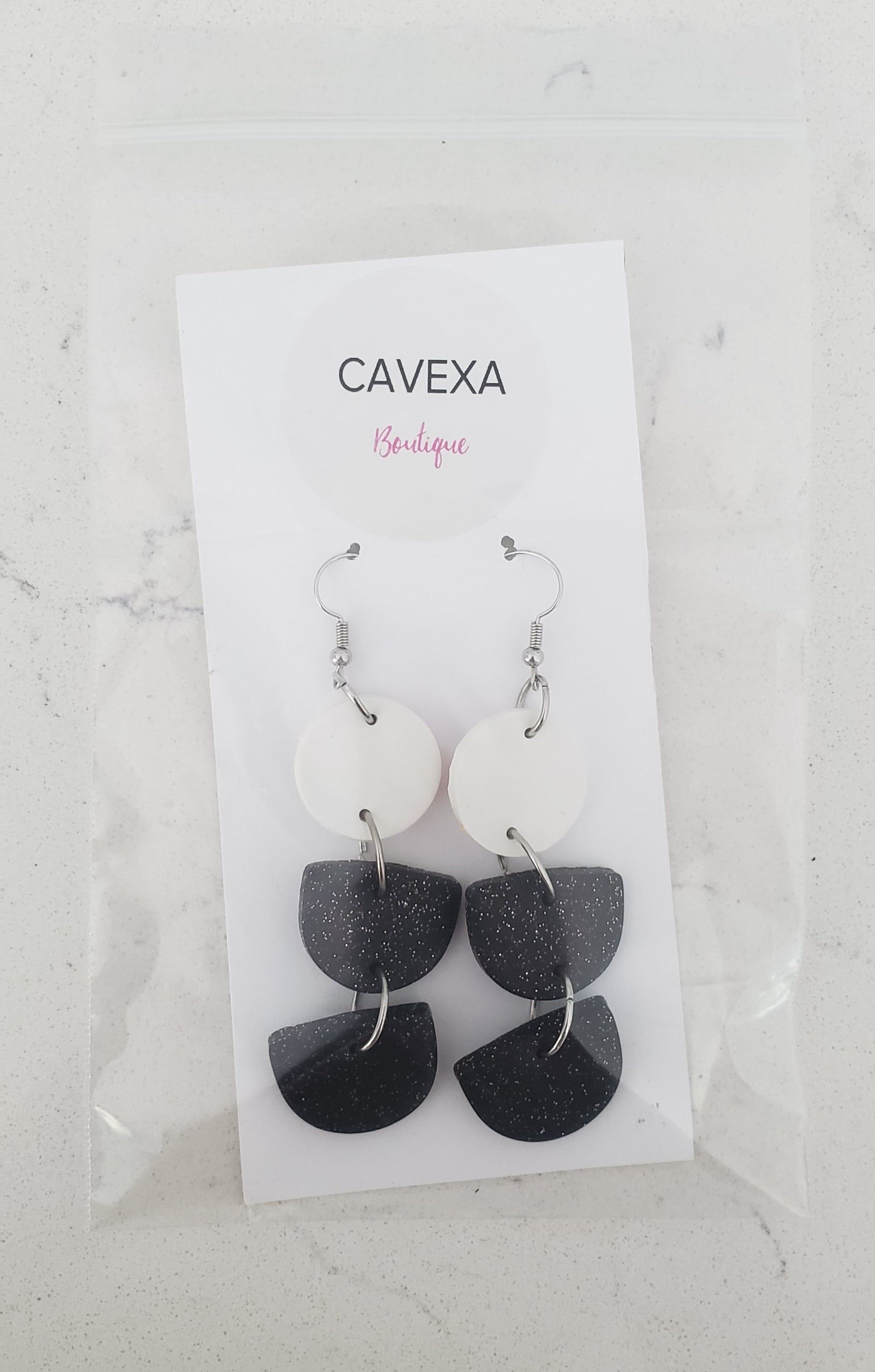 Clay Earrings - Black Sparkle & White