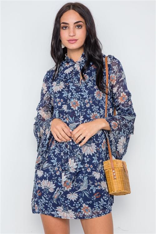 Bell Sleeve Floral Print Dress - Navy