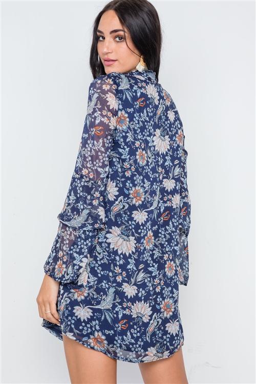 Bell Sleeve Floral Print Dress - Navy