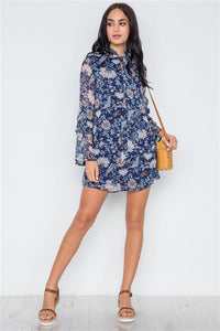 Bell Sleeve Floral Print Dress - Navy