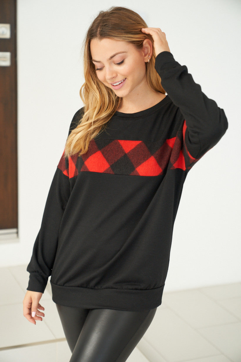 Buffalo Plaid Stripe Sweater - Black & Red