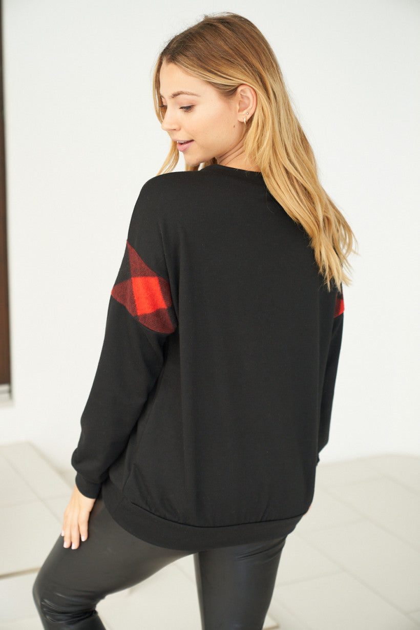 Buffalo Plaid Stripe Sweater - Black & Red