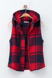 Buffalo Plaid Zip Up Hoodie Vest - Red & Navy