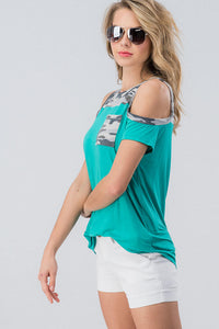 Camo Cold Shoulder Top - Aqua