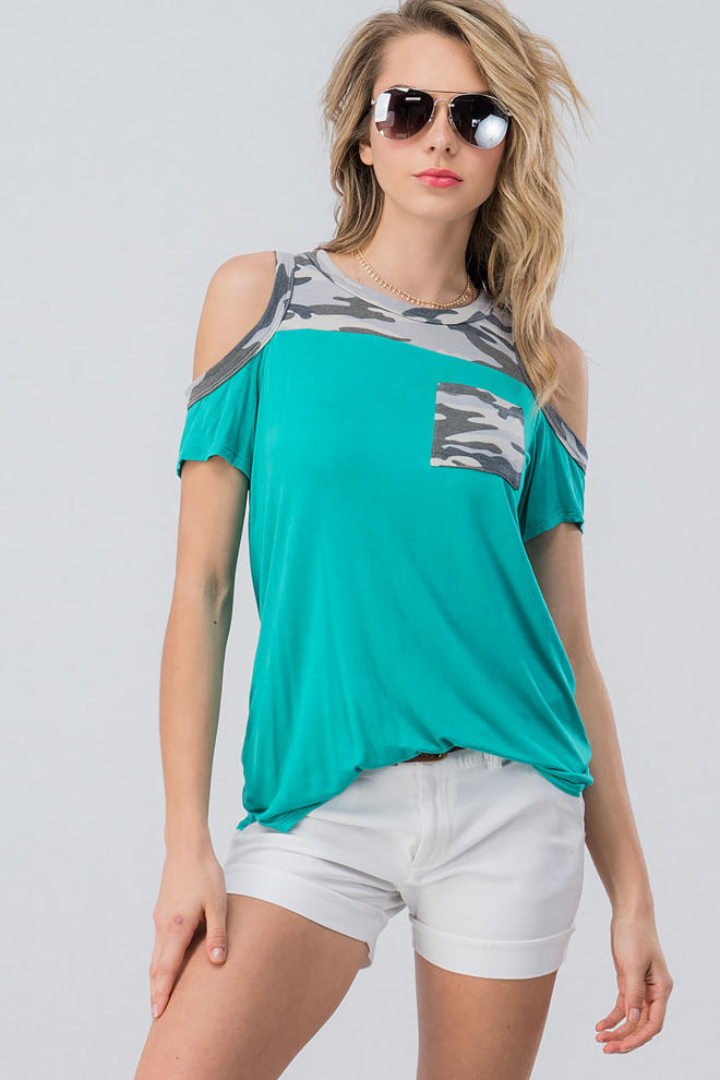 Camo Cold Shoulder Top - Aqua