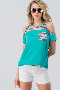 Camo Cold Shoulder Top - Aqua