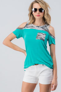 Camo Cold Shoulder Top - Aqua