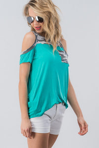 Camo Cold Shoulder Top - Aqua