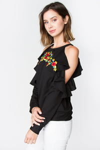 Embroidered Cold Shoulder Ruffle Top - Black