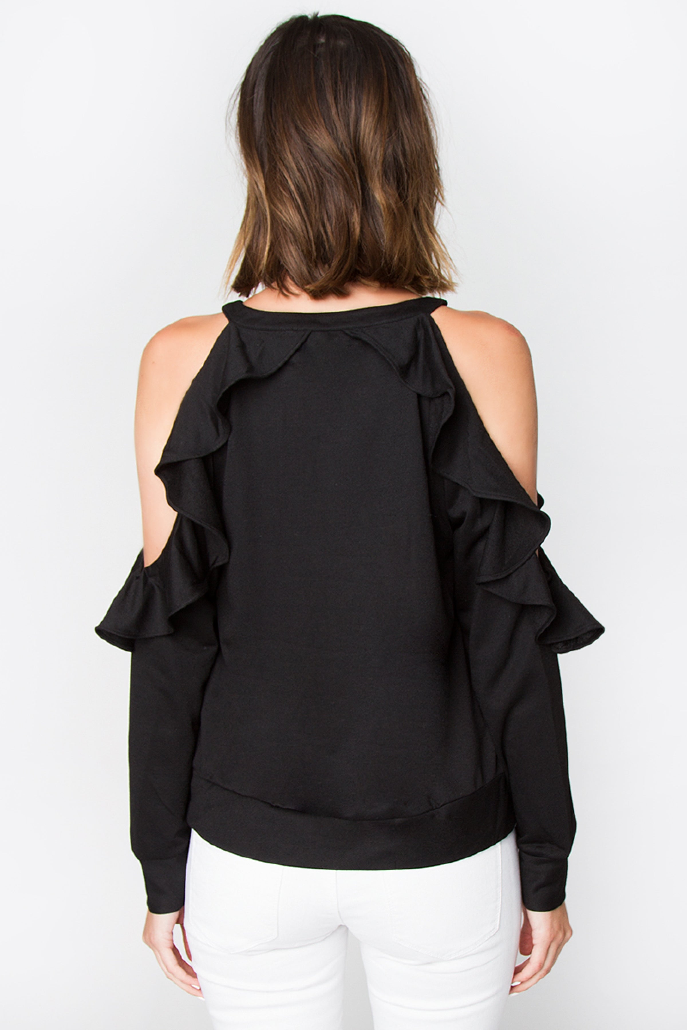 Embroidered Cold Shoulder Ruffle Top - Black