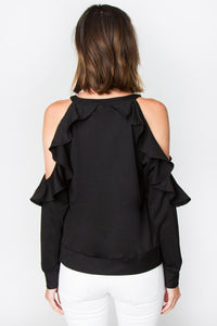 Embroidered Cold Shoulder Ruffle Top - Black