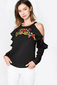 Embroidered Cold Shoulder Ruffle Top - Black