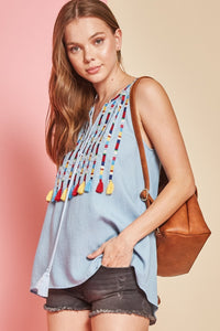 Embroidery Tassel Top - Light Blue