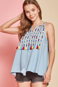 Embroidery Tassel Top - Light Blue