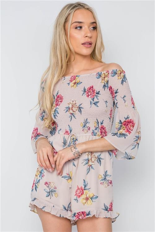 Floral Print Off-the-Shoulder Romper - Taupe