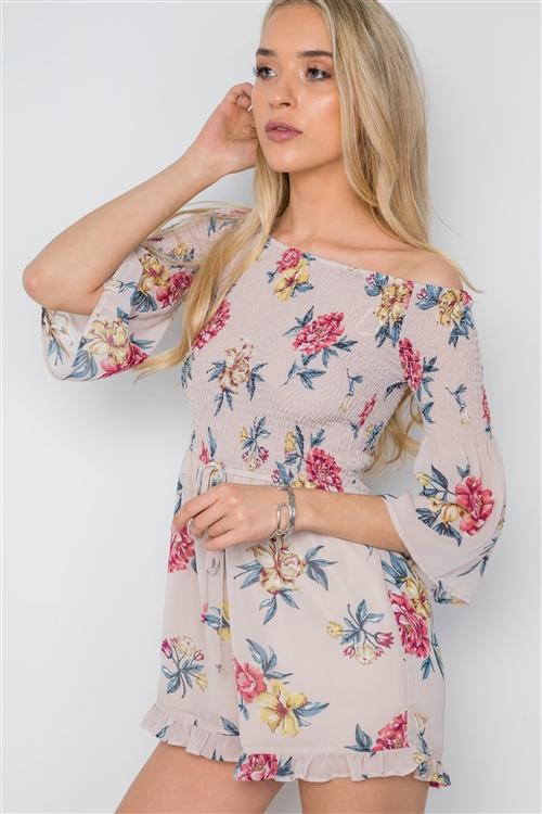 Floral Print Off-the-Shoulder Romper - Taupe