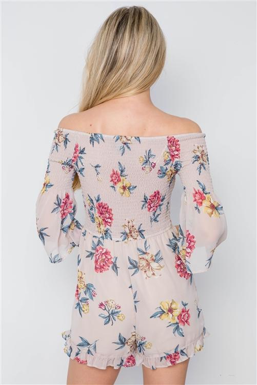 Floral Print Off-the-Shoulder Romper - Taupe