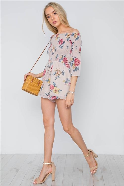 Floral Print Off-the-Shoulder Romper - Taupe