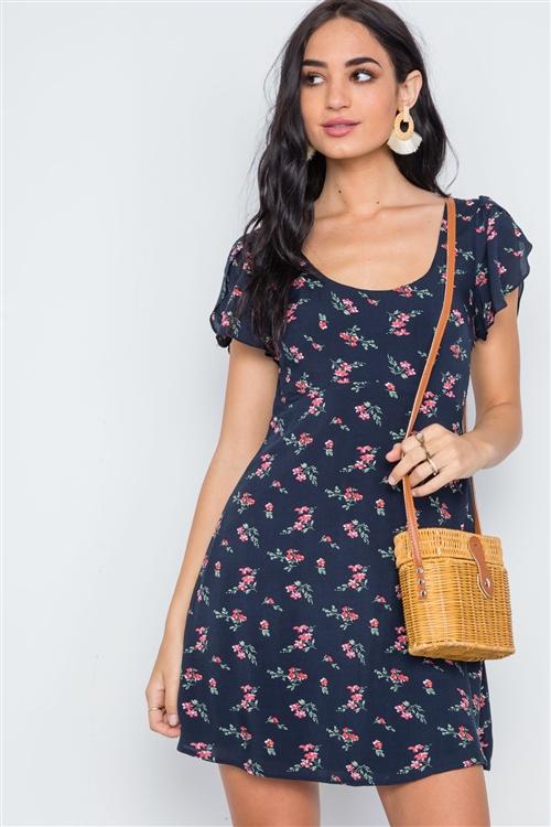 Flounce Sleeve Dress- Navy Floral