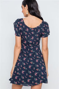 Flounce Sleeve Dress- Navy Floral