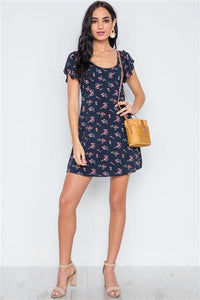 Flounce Sleeve Dress- Navy Floral