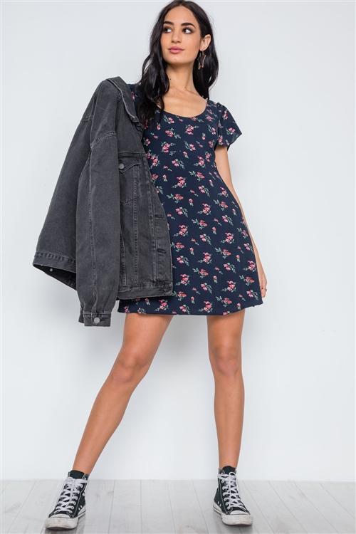 Flounce Sleeve Dress- Navy Floral