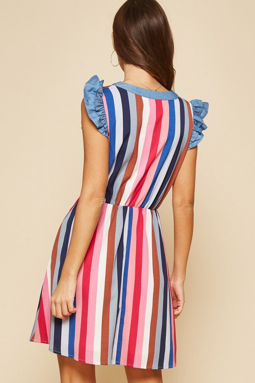 Flutter Sleeve Stripe Dress - Multi