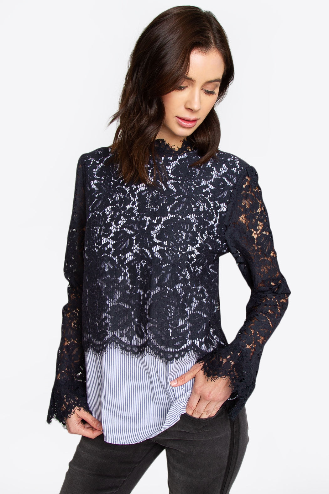 Lace & Pinstripe Top - Navy