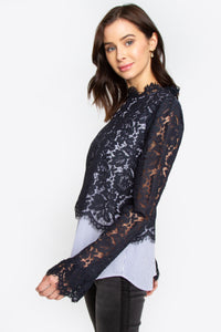 Lace & Pinstripe Top - Navy