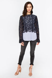 Lace & Pinstripe Top - Navy