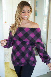 Buffalo Plaid Knit Off-the-Shoulder Top - Magenta