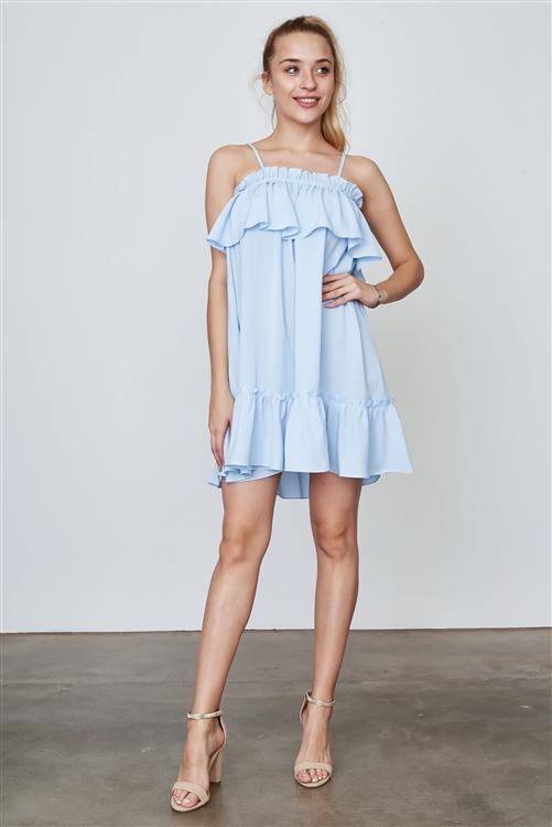 Off the Shoulder Ruffle Dress - Light Blue