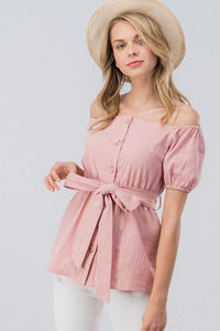 Button Down Off the Shoulder Top - Light Pink