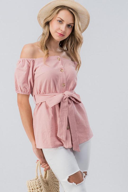 Button Down Off the Shoulder Top - Light Pink