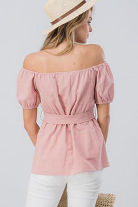 Button Down Off the Shoulder Top - Light Pink