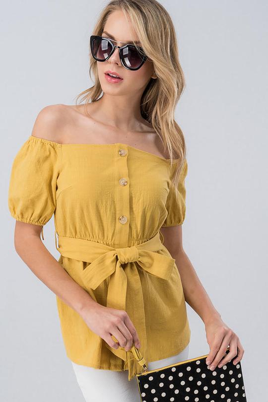 Button Down Off the Shoulder Top - Mustard