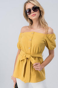 Button Down Off the Shoulder Top - Mustard