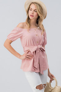 Button Down Off the Shoulder Top - Light Pink