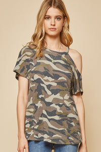 One-Sided Cold Shoulder Camo Top