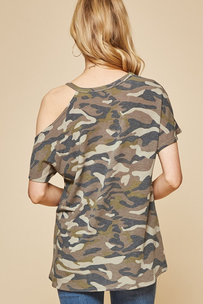 One-Sided Cold Shoulder Camo Top