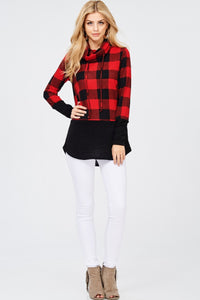 Cowl Neck Knit Sweater - Buffalo Plaid