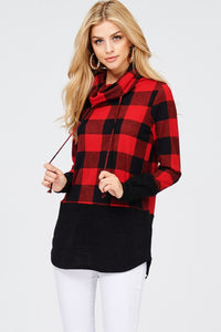 Cowl Neck Knit Sweater - Buffalo Plaid