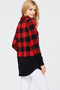 Cowl Neck Knit Sweater - Buffalo Plaid