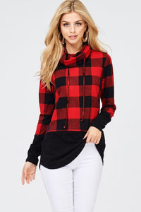 Cowl Neck Knit Sweater - Buffalo Plaid