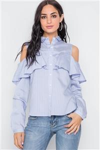 Ruffle Cold Shoulder Button Down Top - Blue