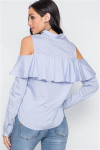 Ruffle Cold Shoulder Button Down Top - Blue