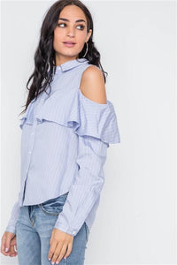 Ruffle Cold Shoulder Button Down Top - Blue