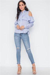 Ruffle Cold Shoulder Button Down Top - Blue